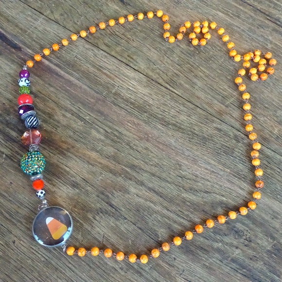 Orange Beaded Halloween Witchy Candy Corn Pumpkin Charm Long Layering Necklace - Picture 5 of 8